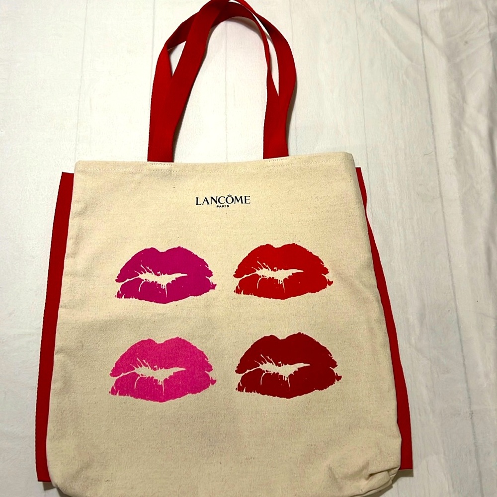 LANCOME Paris Canvas Tote Bag Pink Lips Design 15" X 16"  Red Double Handles